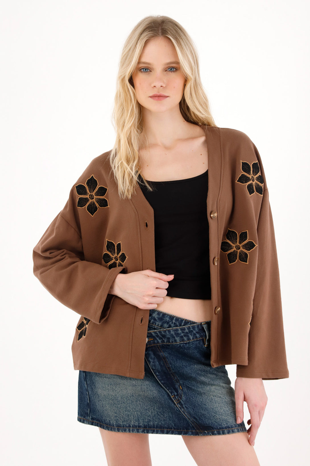 Women's Brown Floral Cardigan Sweater