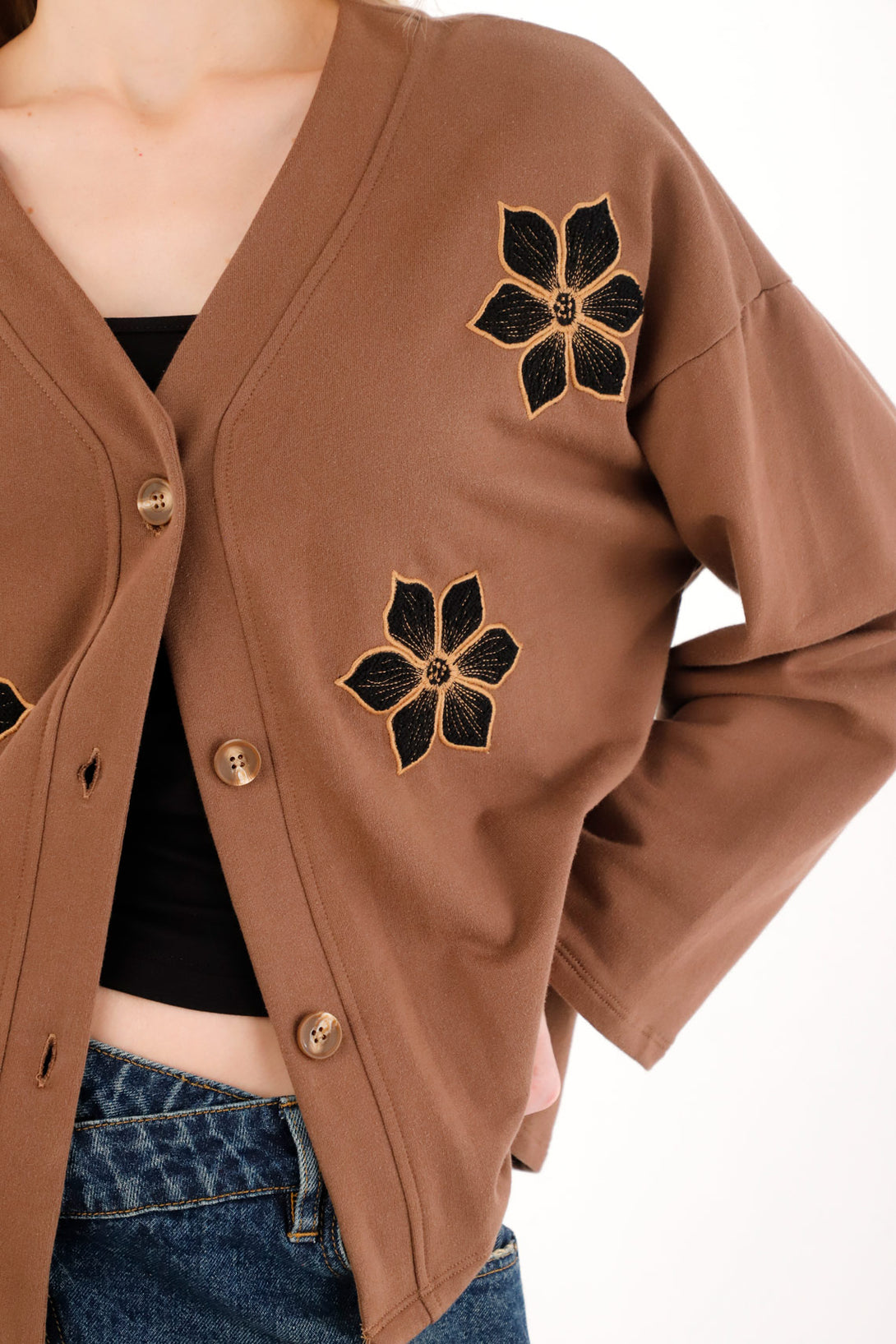 Women's Brown Floral Cardigan Sweater