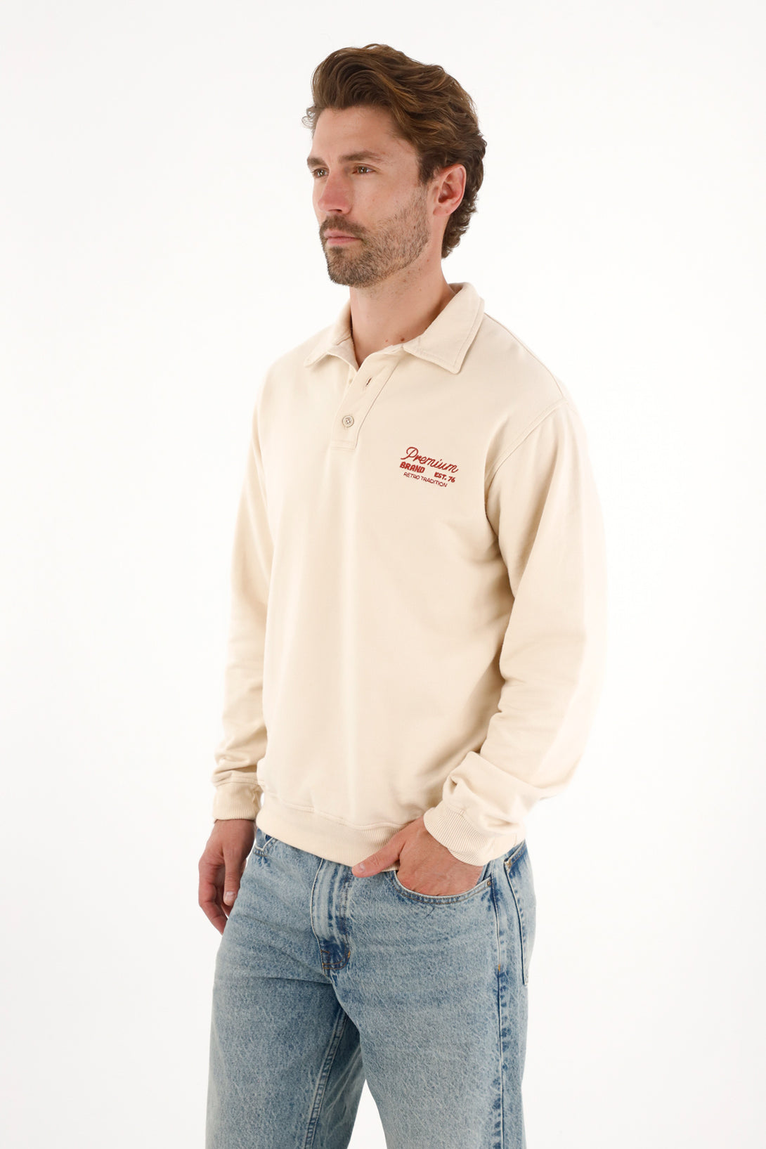 Men's Polo-Style Sweatshirt with Mini Heart Print