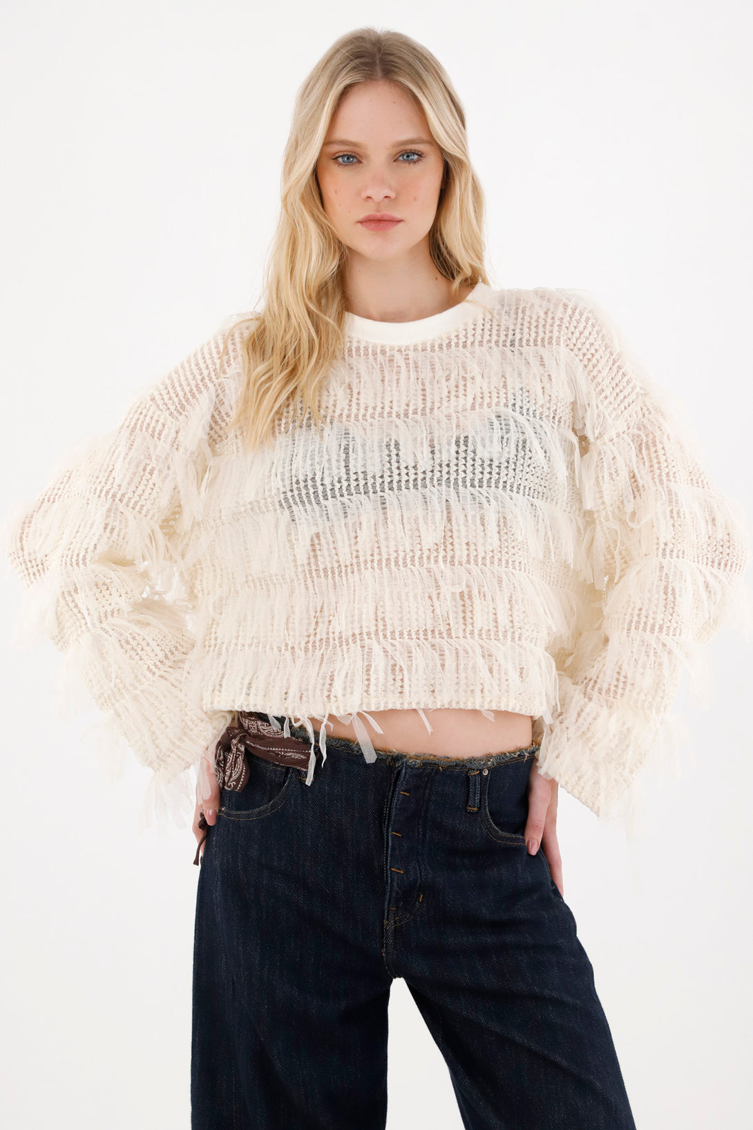 Women's Fringe Detail Cream Sweatshirt