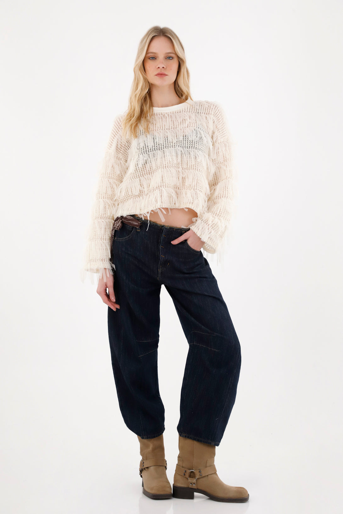 Women's Fringe Detail Cream Sweatshirt