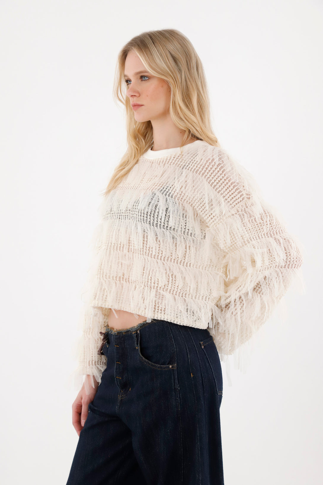 Women's Fringe Detail Cream Sweatshirt