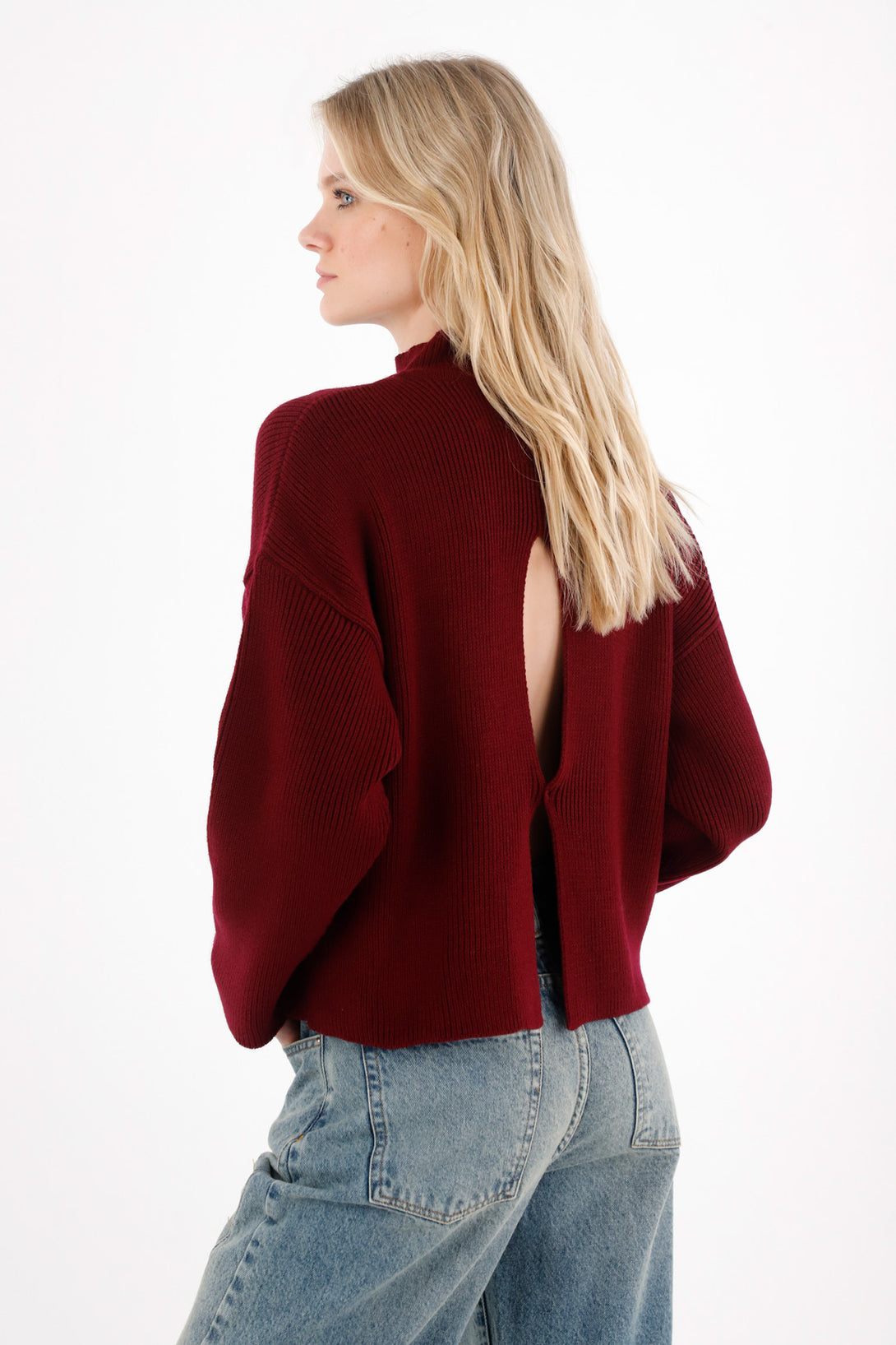 Red Knit High Neck Sweatshirt for Women