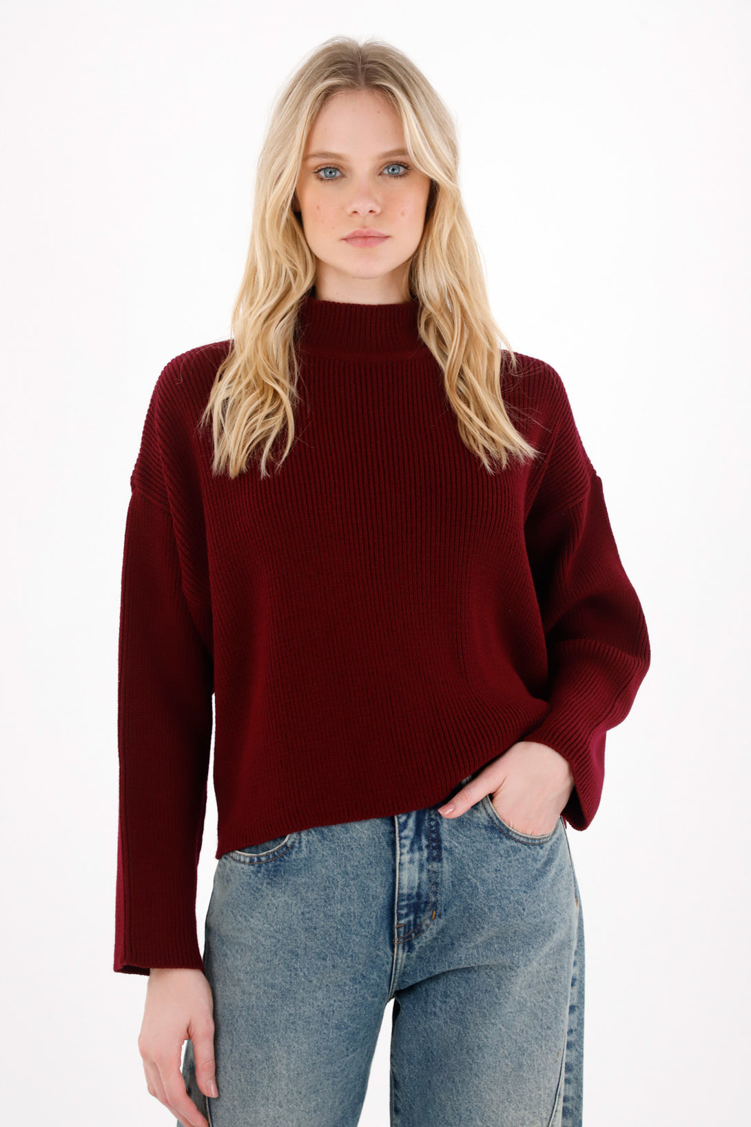 Red Knit High Neck Sweatshirt for Women