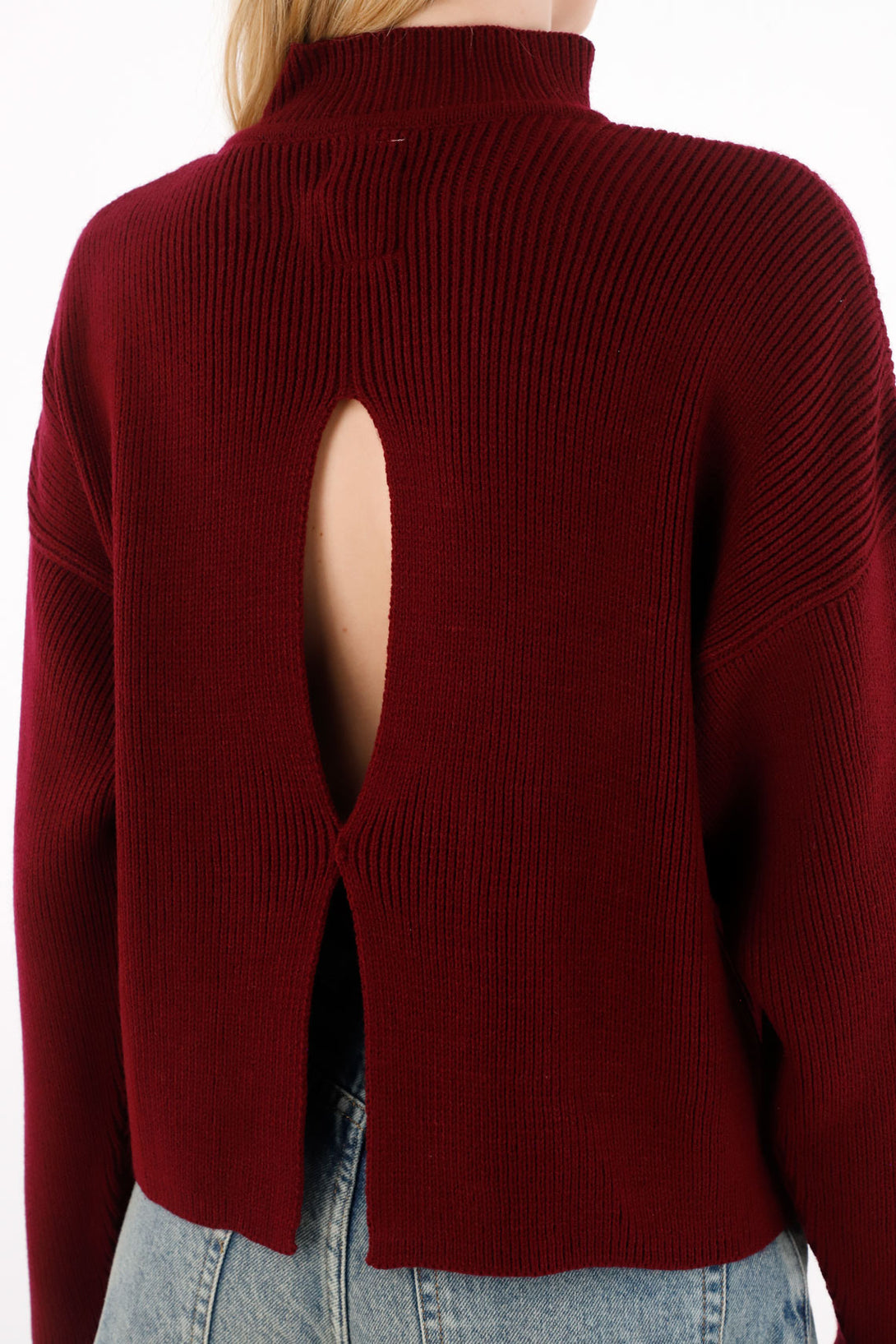 Red Knit High Neck Sweatshirt for Women