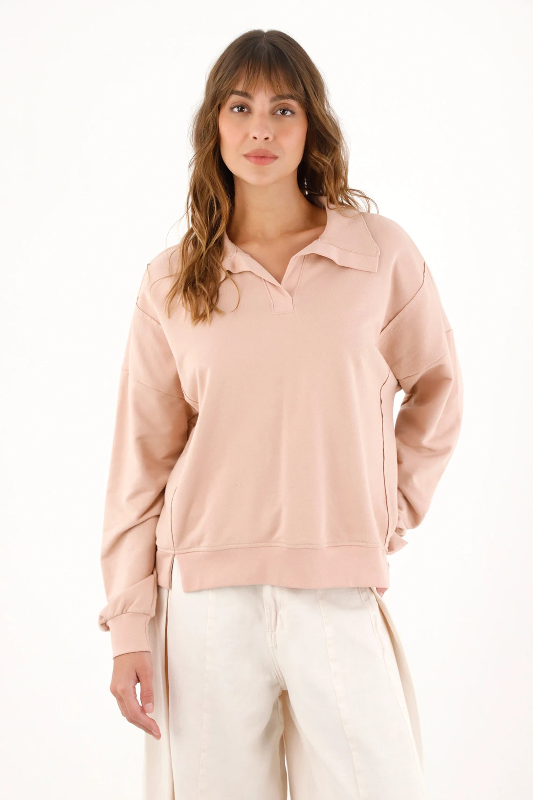 Buzo tipo polo amplio rosado para mujer