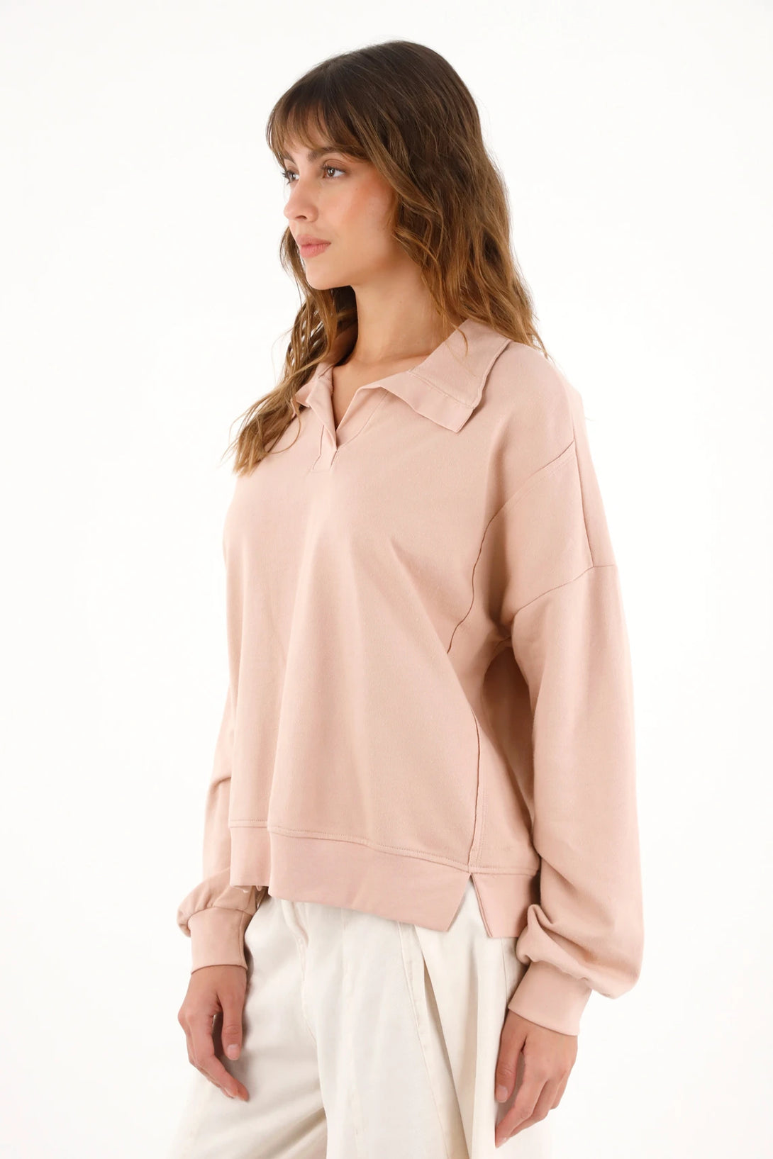 Buzo tipo polo amplio rosado para mujer