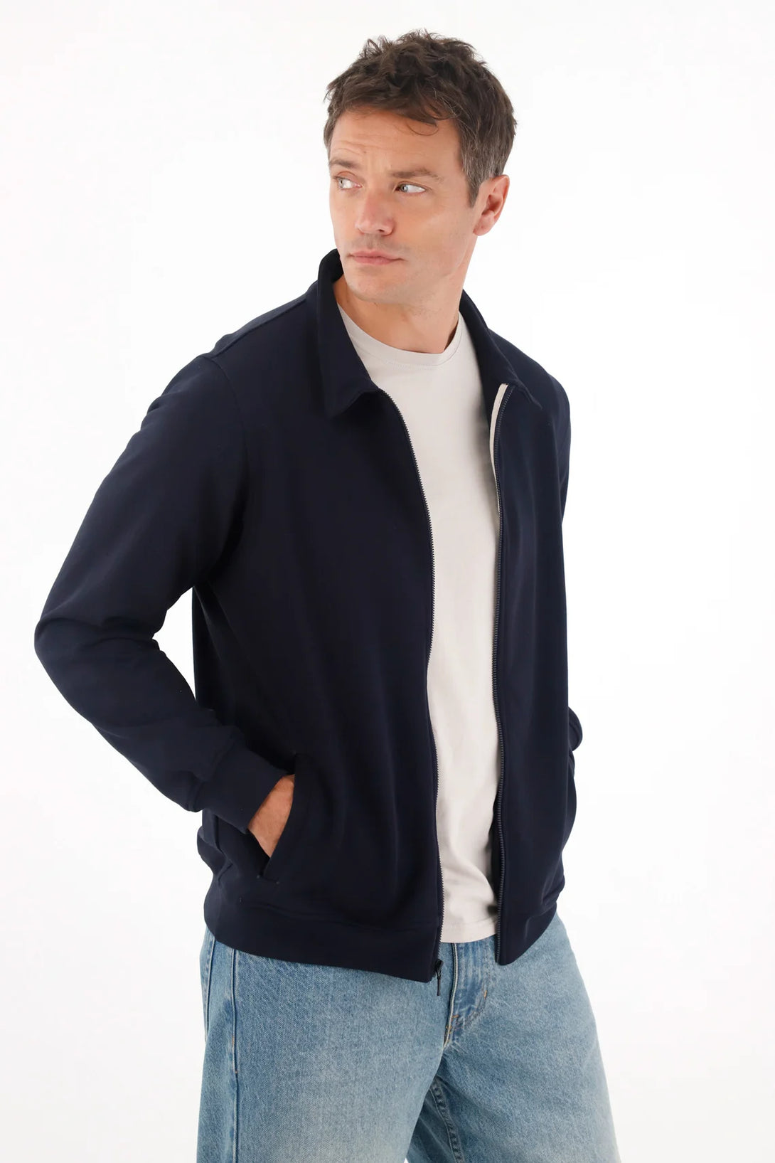 Men's Regular Fit Navy Blue Zip-Up Sweatshirt