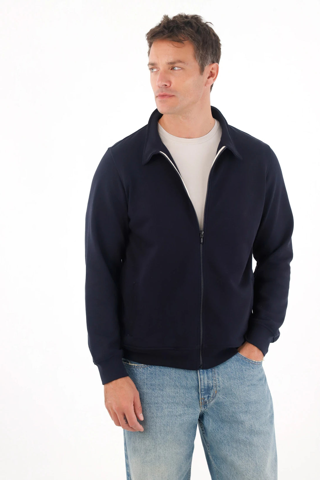 Men's Regular Fit Navy Blue Zip-Up Sweatshirt