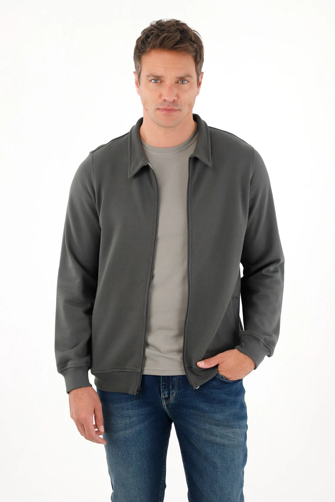 Regular Fit Gray Cotton Sweatshirt for Men with Zipper
