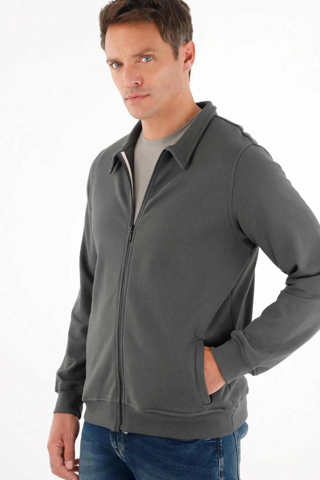 Regular Fit Gray Cotton Sweatshirt for Men with Zipper