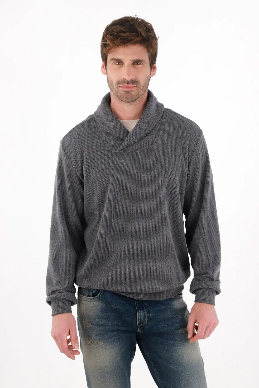 Buzo tejido con cuello cruzado azul para hombre