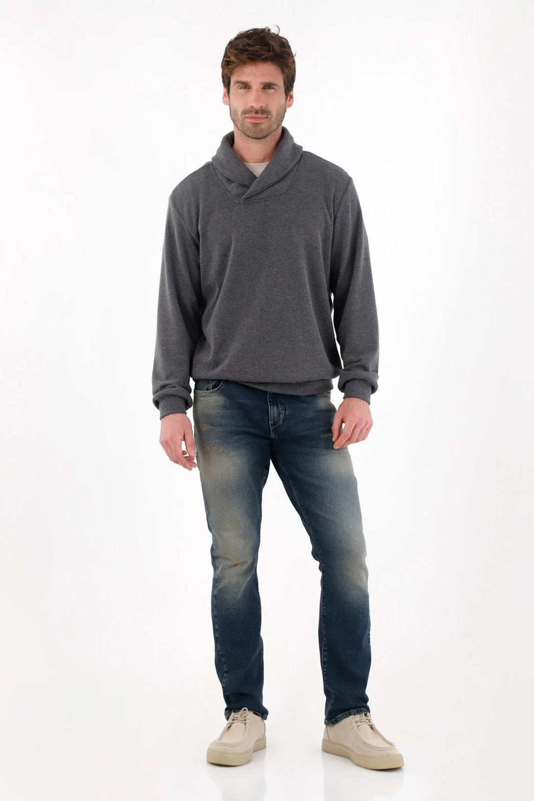 Buzo tejido con cuello cruzado azul para hombre