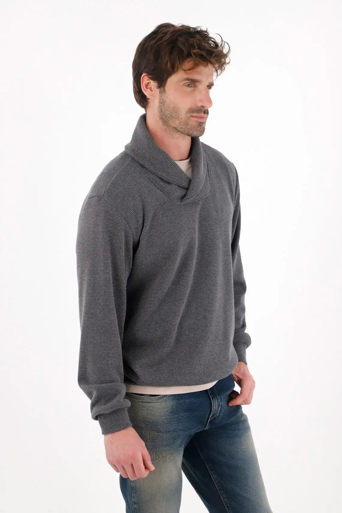 Buzo tejido con cuello cruzado azul para hombre