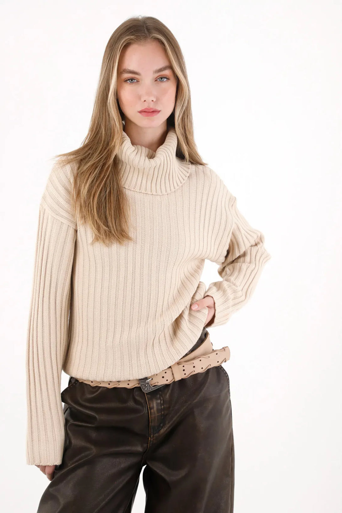 Cream High Neck Sweatshirt for Women