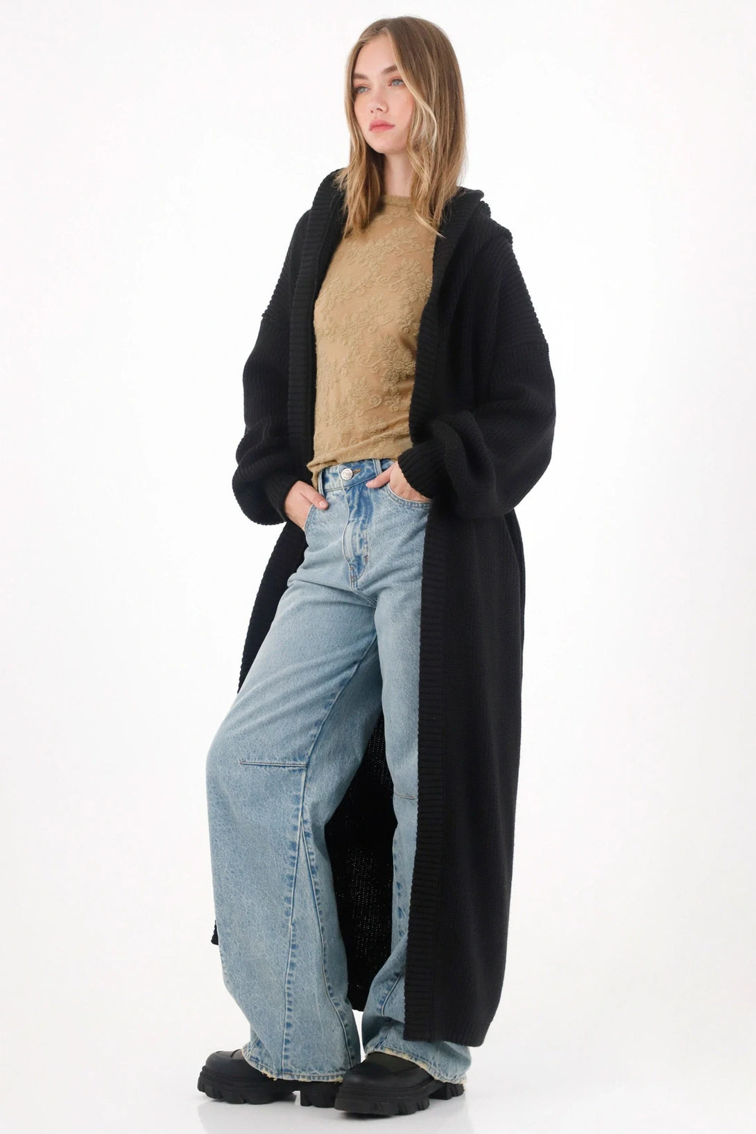 Cárdigan largo tejido negro para mujer