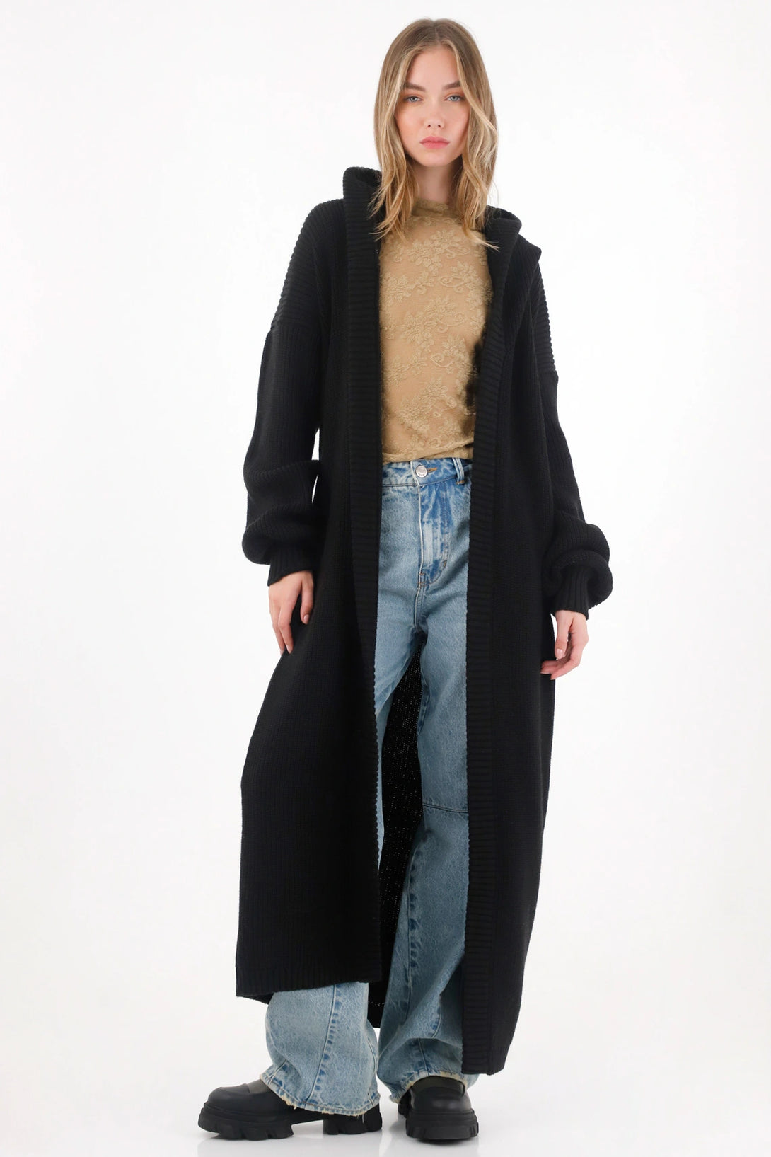 Cárdigan largo tejido negro para mujer