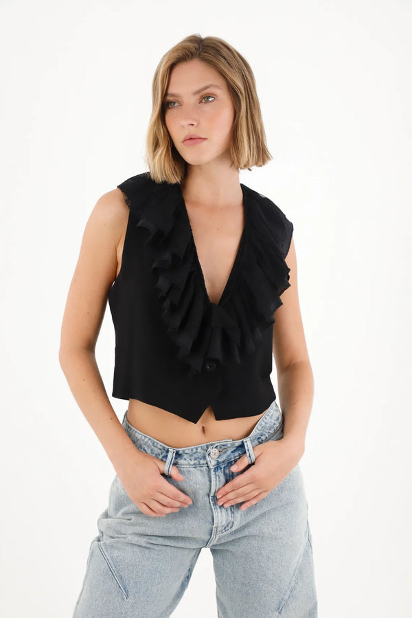 Chaleco en mix de telas y bolero negro para mujer