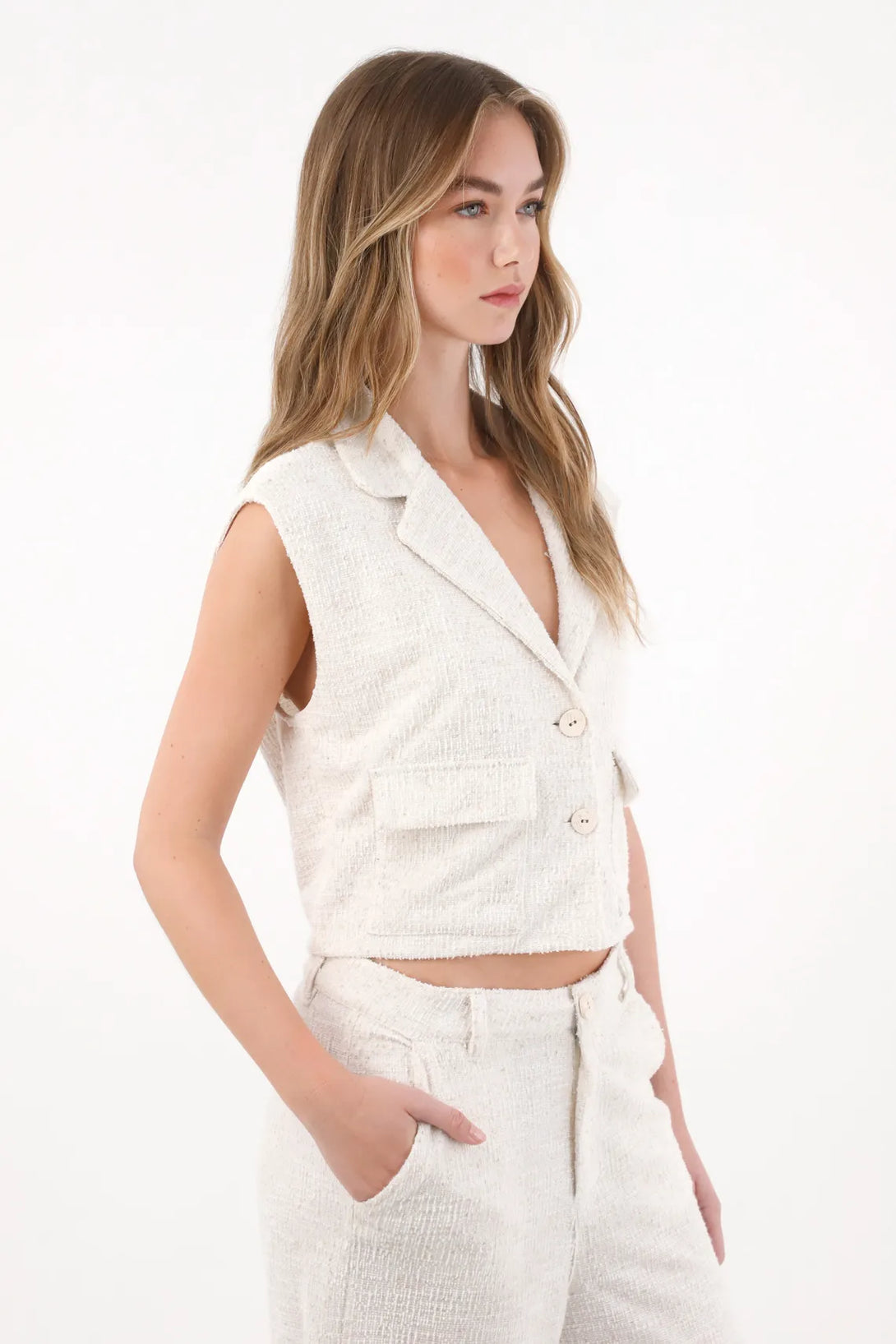 Tweed Vest with White Tailored Collar for Women