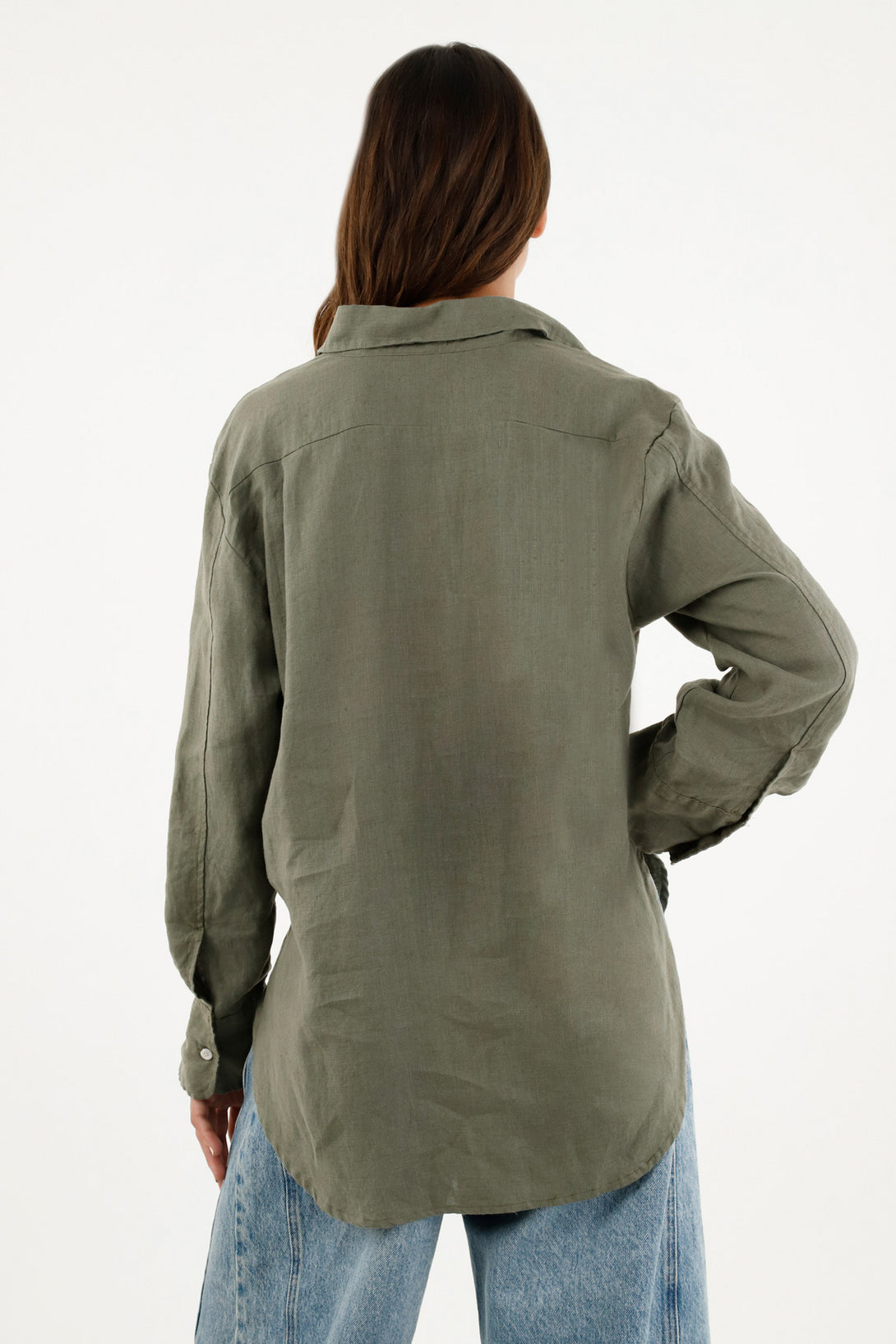 Camisa verde en 100% lino manga larga para mujer