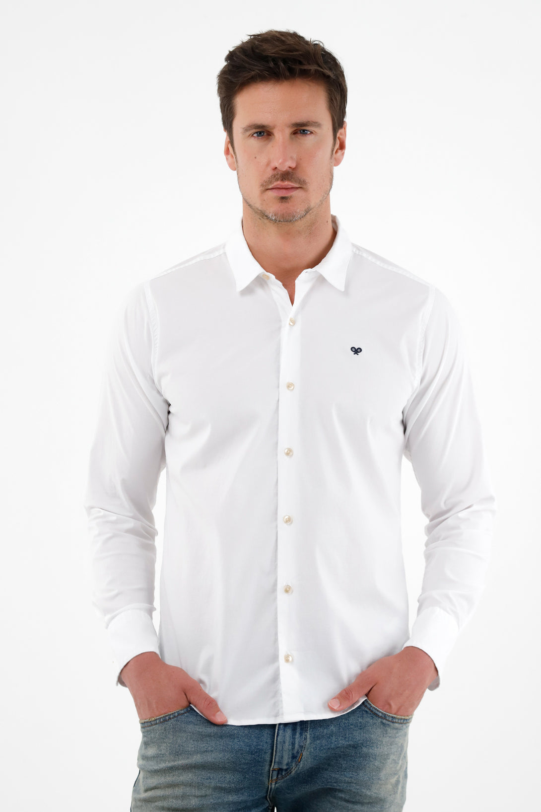 Men's White Long-Sleeve Shirt with Embroidered Racket