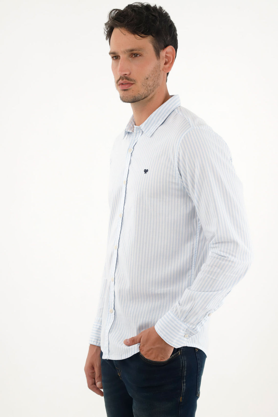 Camisa azul de rayas preteñidas para hombre