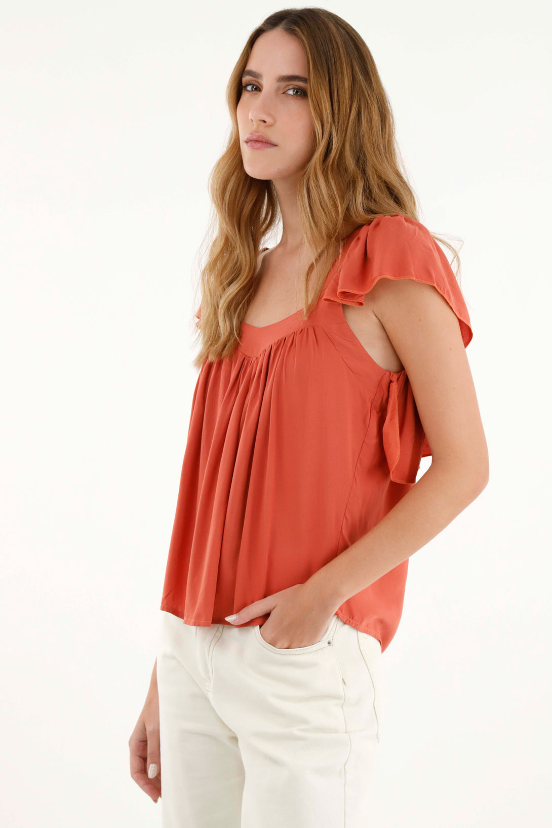 Women's Orange Straight Neck Chalis Shirt