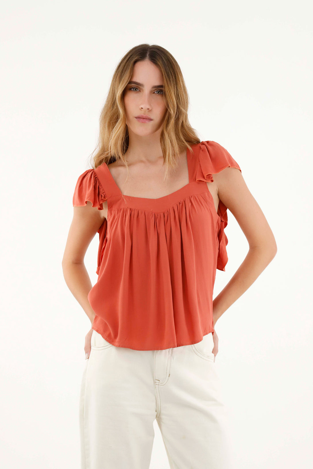 Women's Orange Straight Neck Chalis Shirt