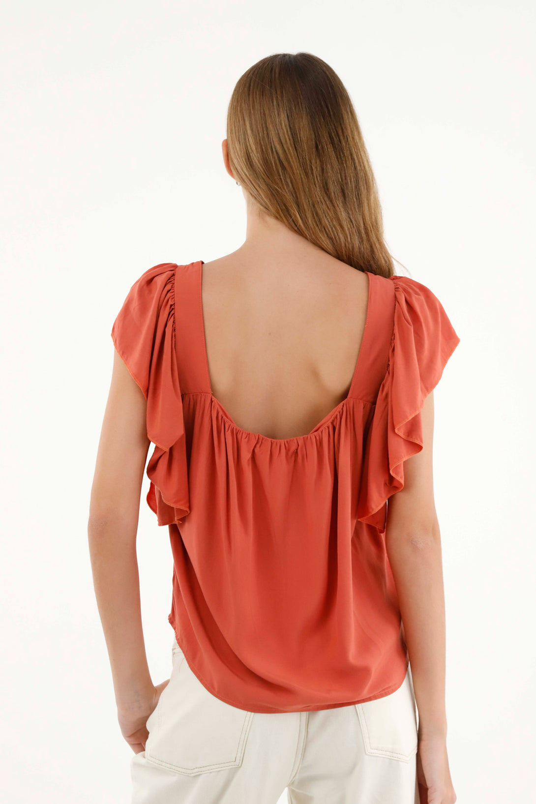 Women's Orange Straight Neck Chalis Shirt