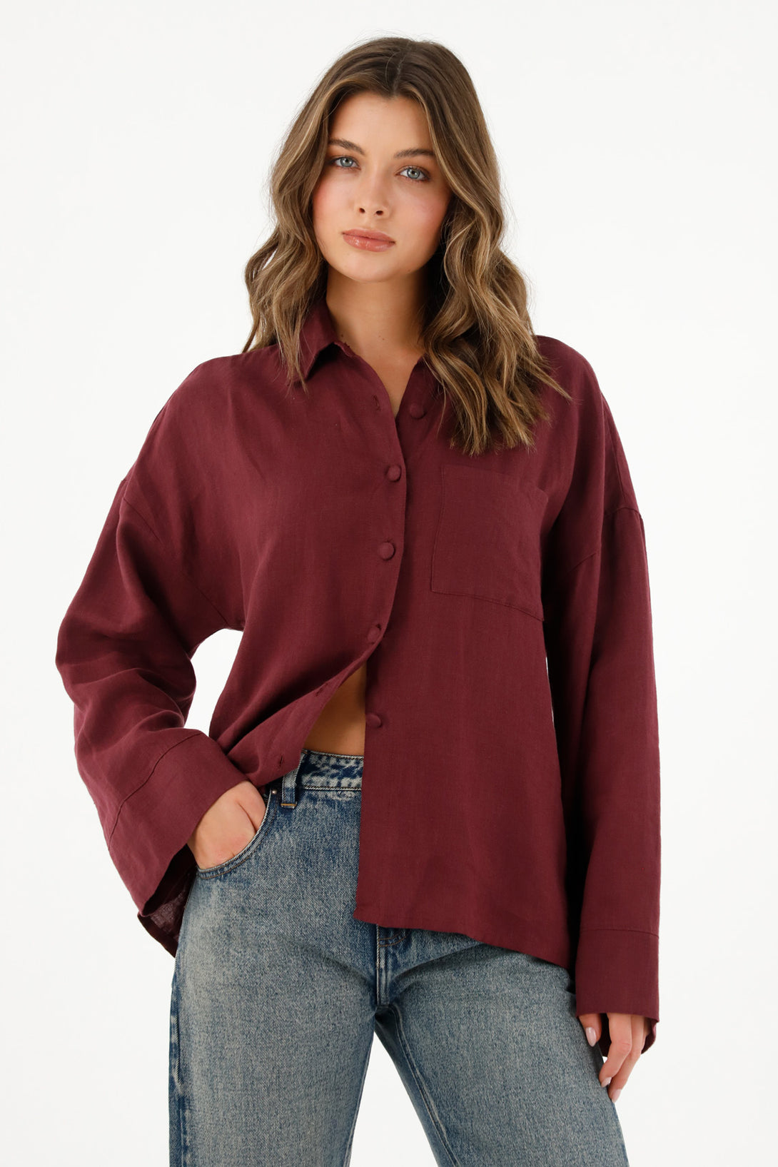 Women's Long Red 100% Linen Blouse