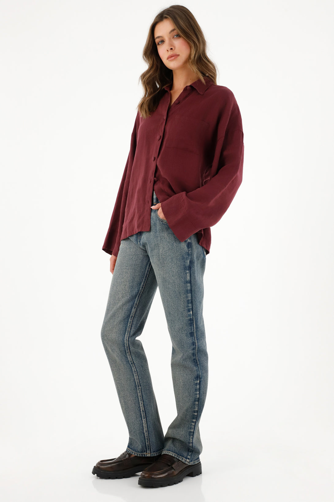 Women's Long Red 100% Linen Blouse