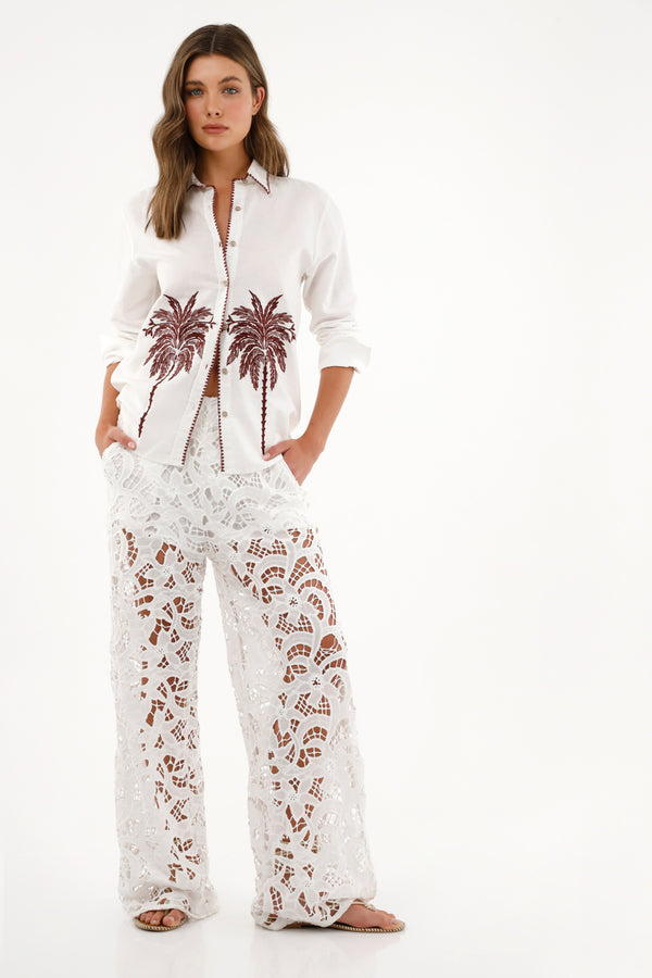 Women's Long Sleeve White Shirt with Palm Embroidery