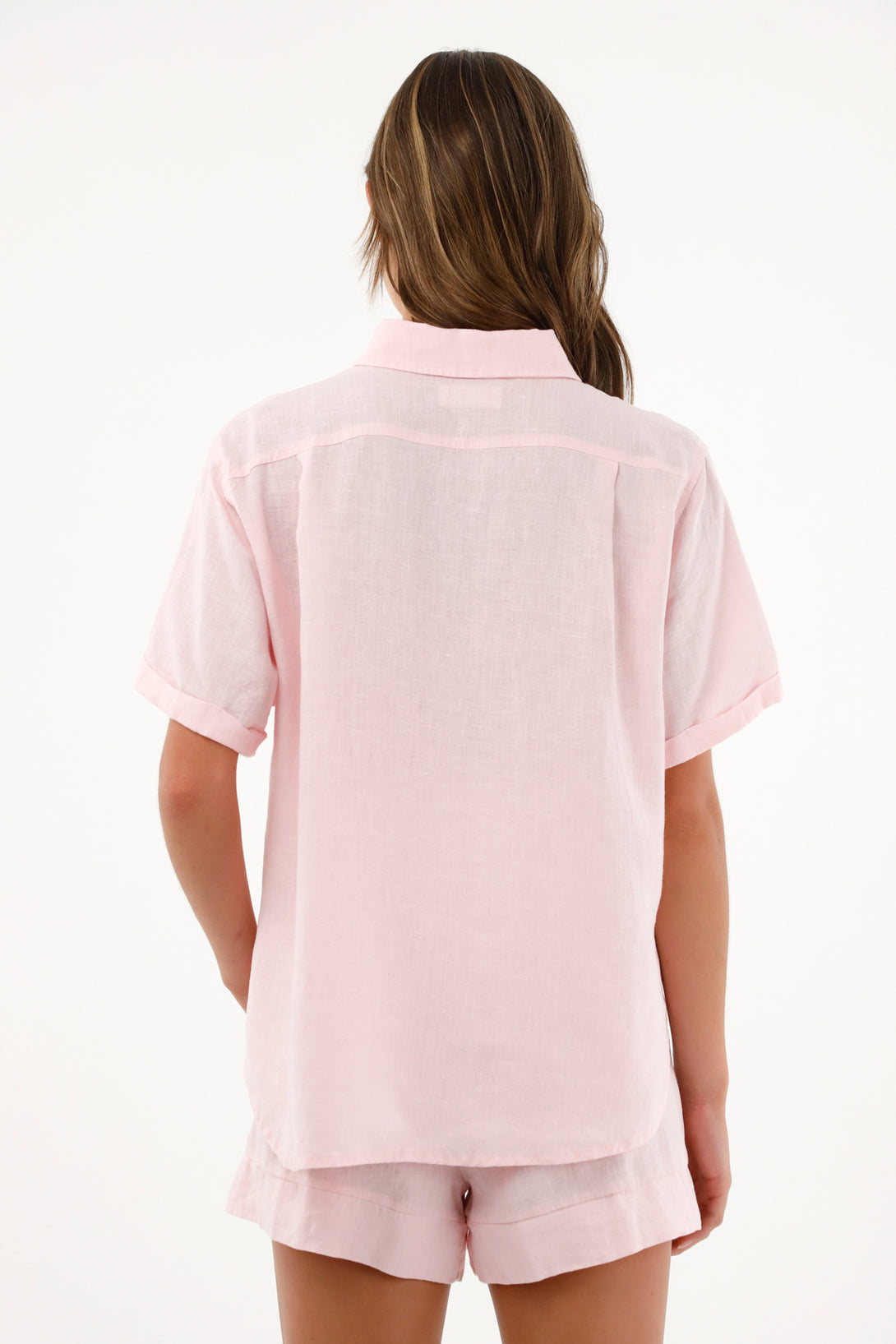 Women's short-sleeve pink linen shirt