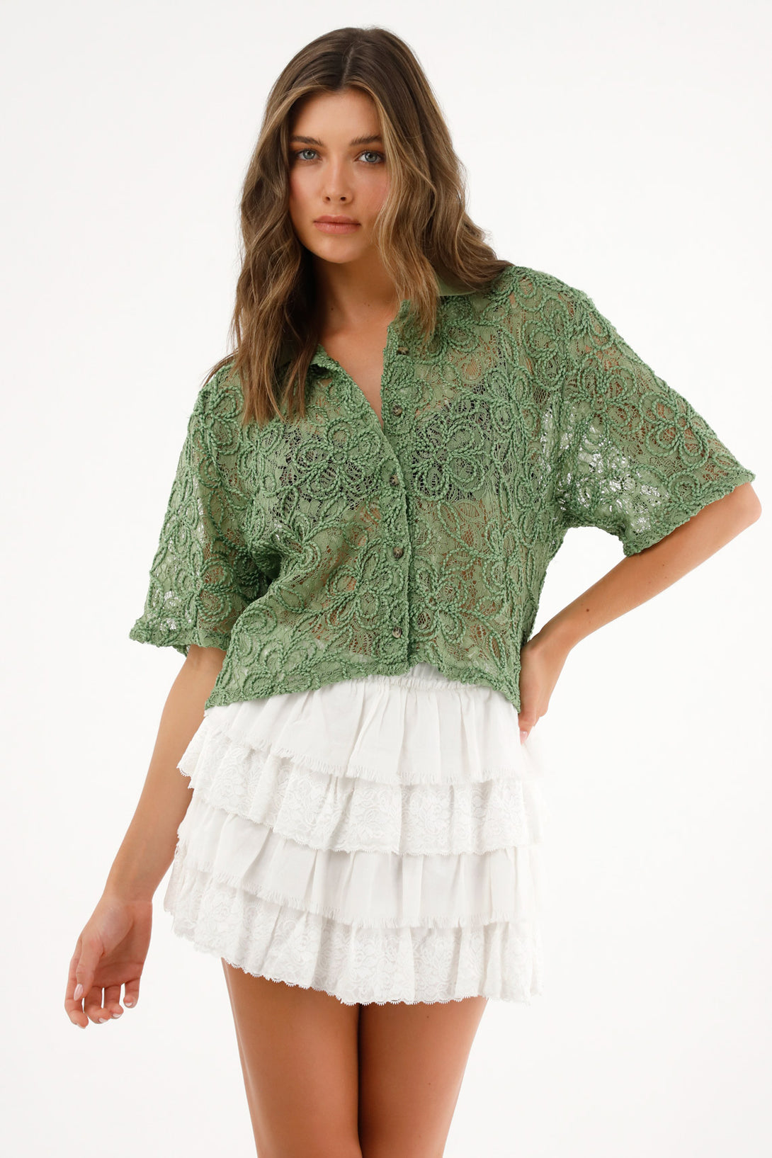 Women's Green Polo Collar Lace Shirt