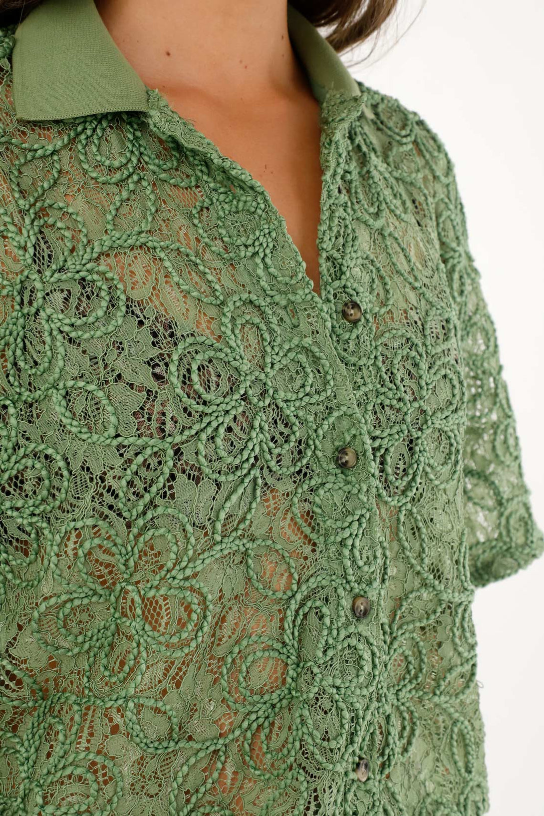 Women's Green Polo Collar Lace Shirt