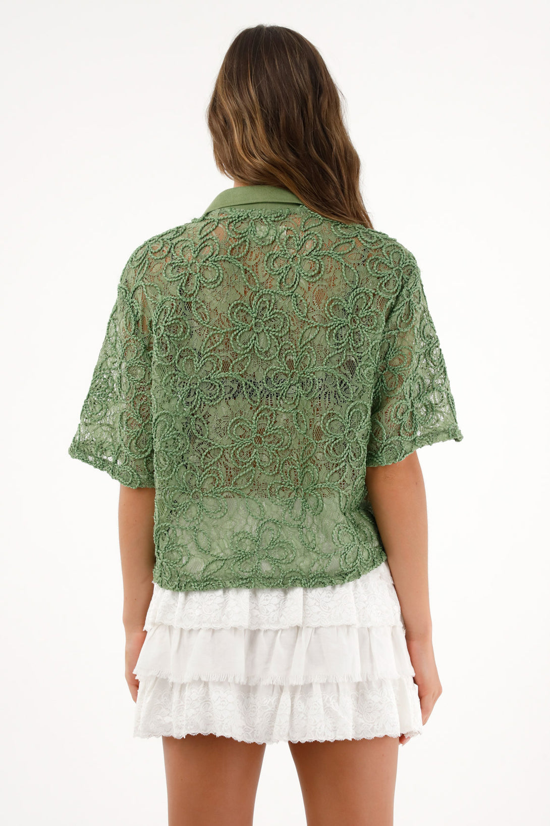 Women's Green Polo Collar Lace Shirt