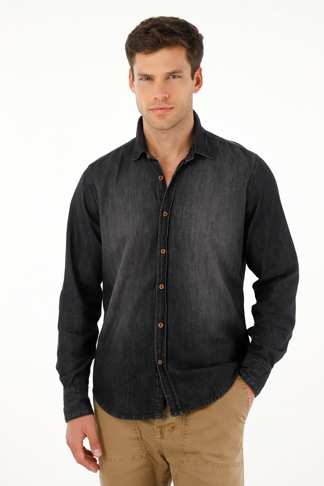 Men's long sleeve black denim shirt