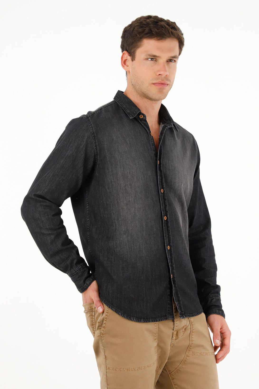 Men's long sleeve black denim shirt
