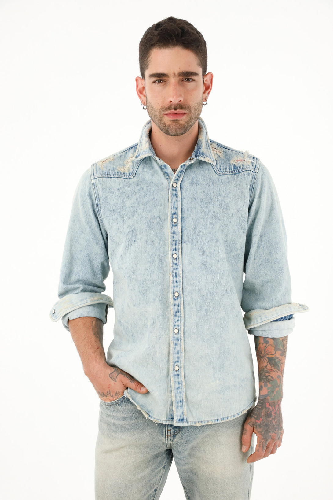 Camisa azul manga larga en denim para hombre