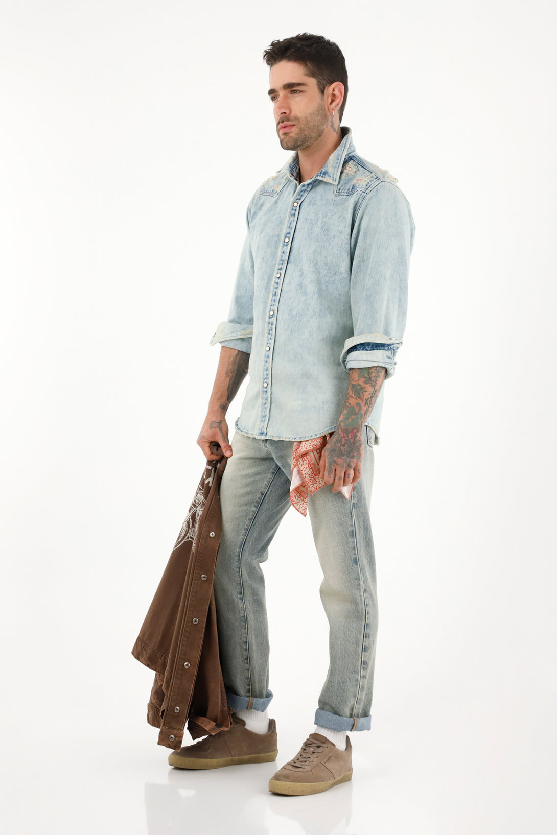 Camisa azul manga larga en denim para hombre