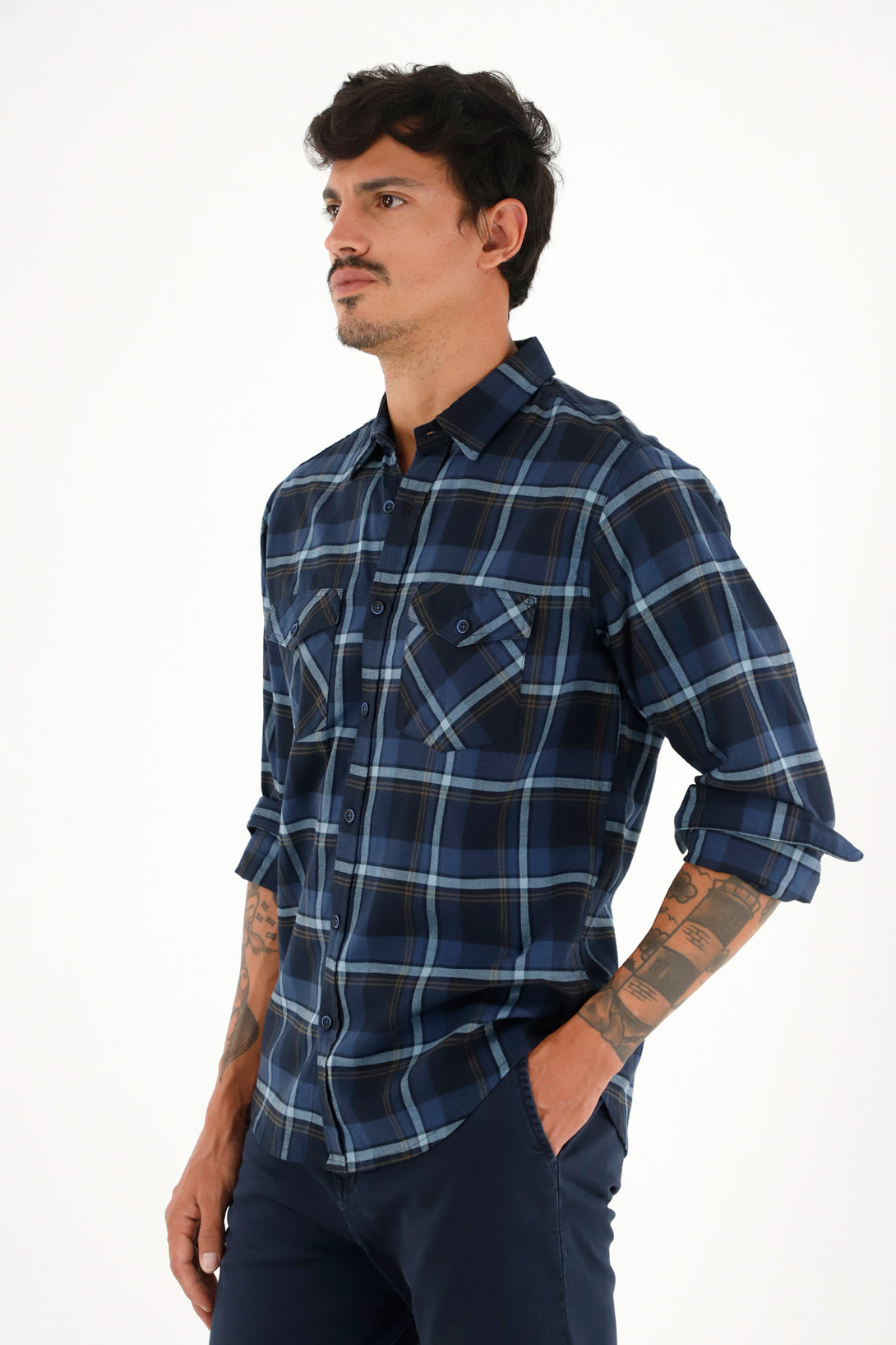 Men's Blue Plaid Button-Down Shirt