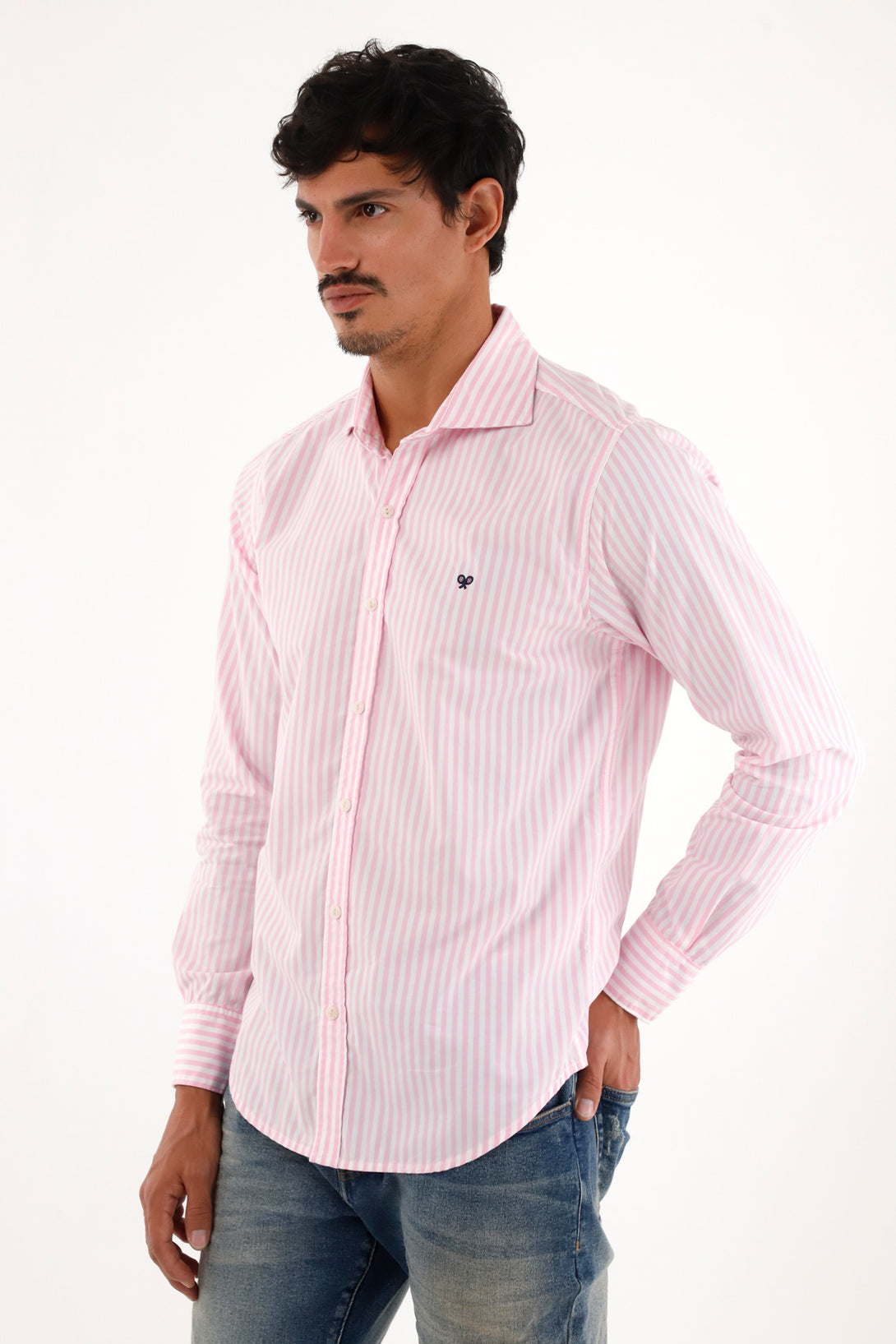 Pink Long Sleeve Striped Shirt for Men