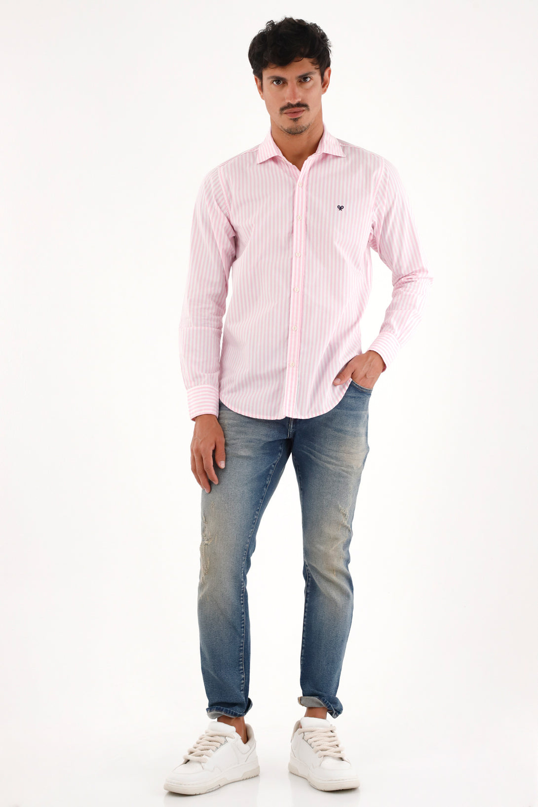 Pink Long Sleeve Striped Shirt for Men