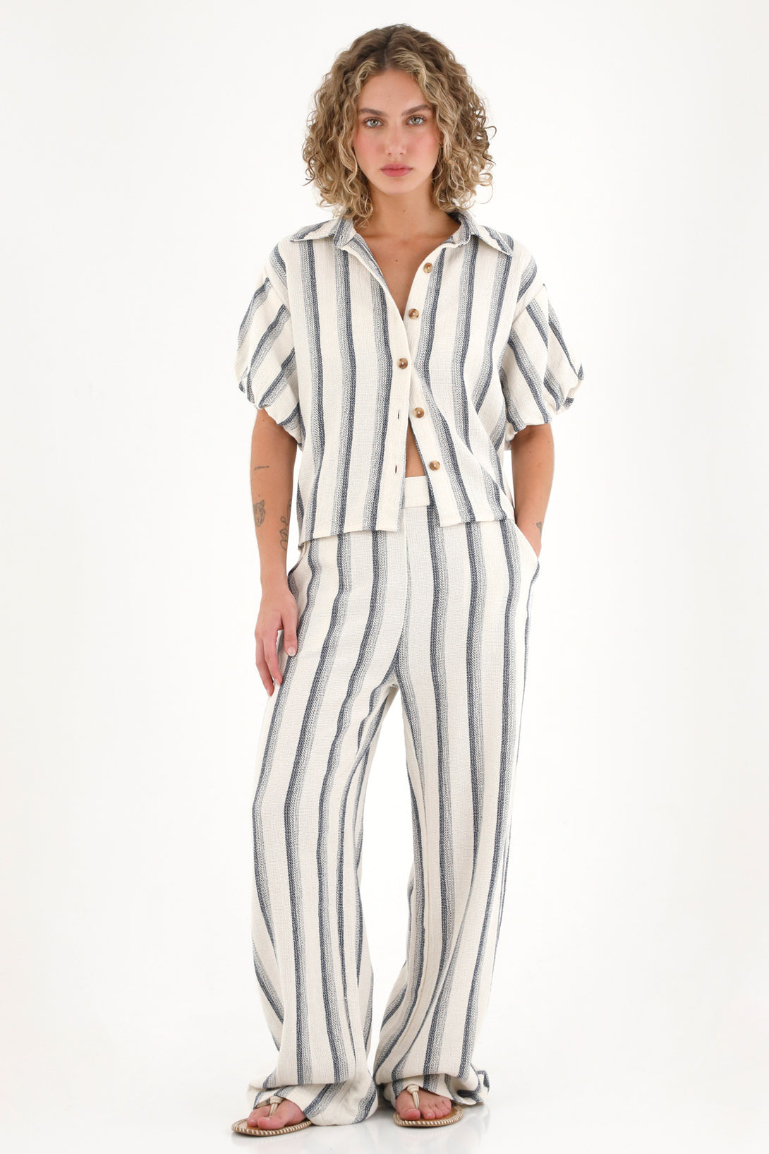 Camisa de manga con volumen a rayas para mujer