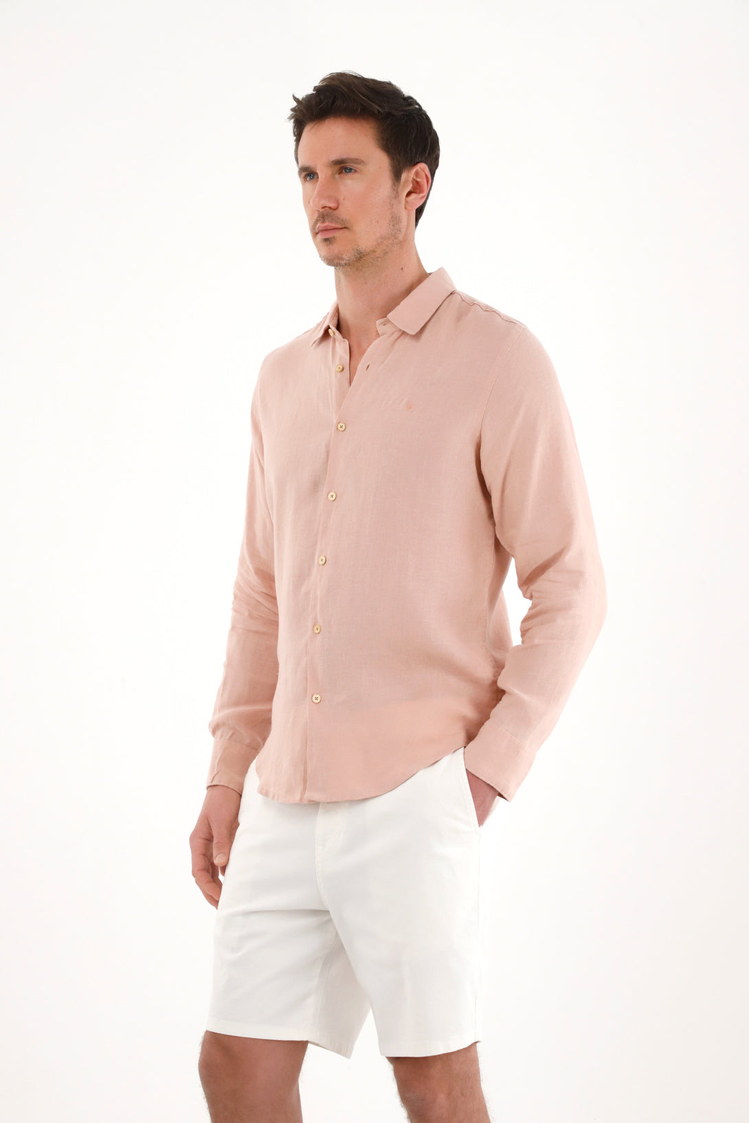 Men's 100% Linen Pink Embroidered Shirt