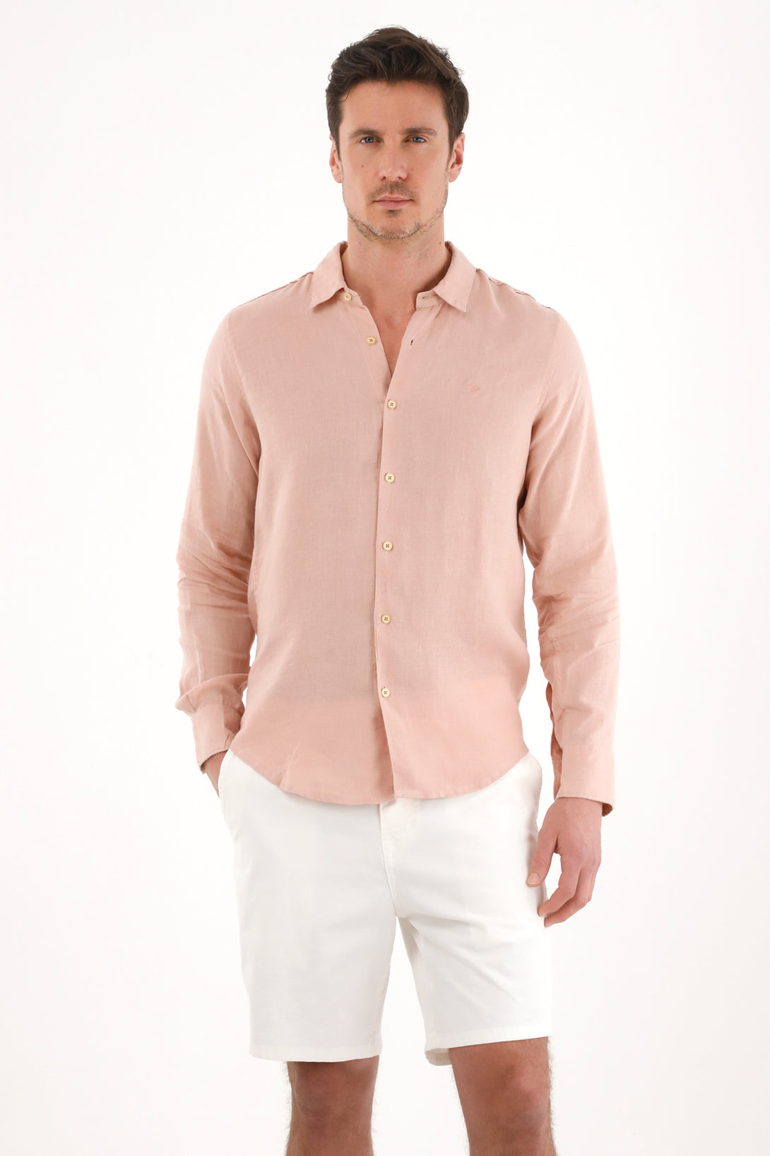 Men's 100% Linen Pink Embroidered Shirt