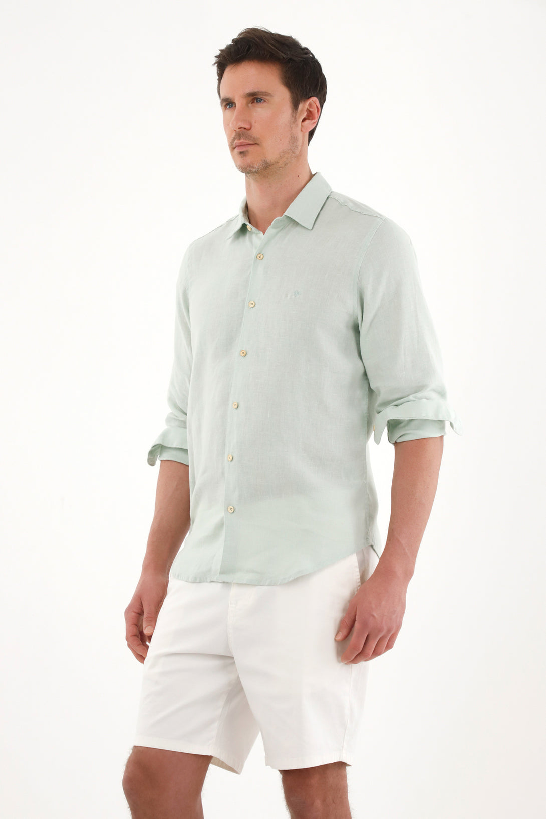 100% Linen Men's Shirt with Green Embroidery
