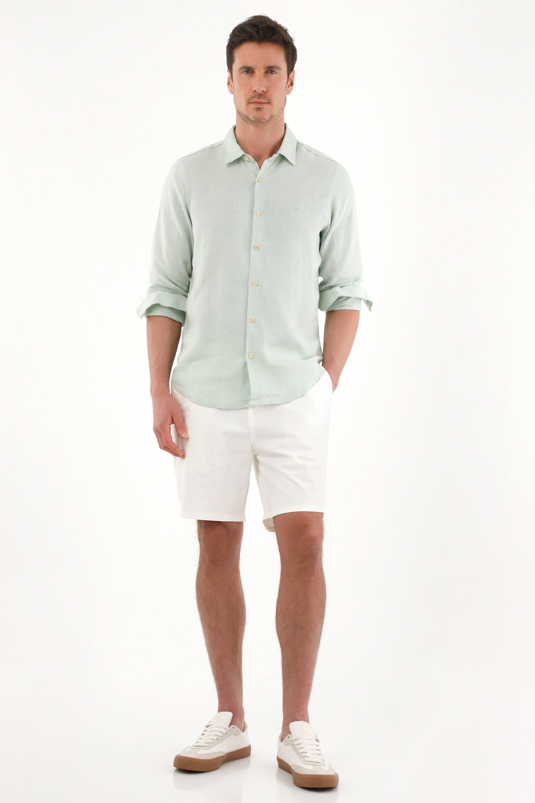 100% Linen Men's Shirt with Green Embroidery