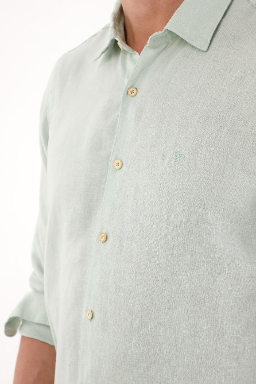100% Linen Men's Shirt with Green Embroidery