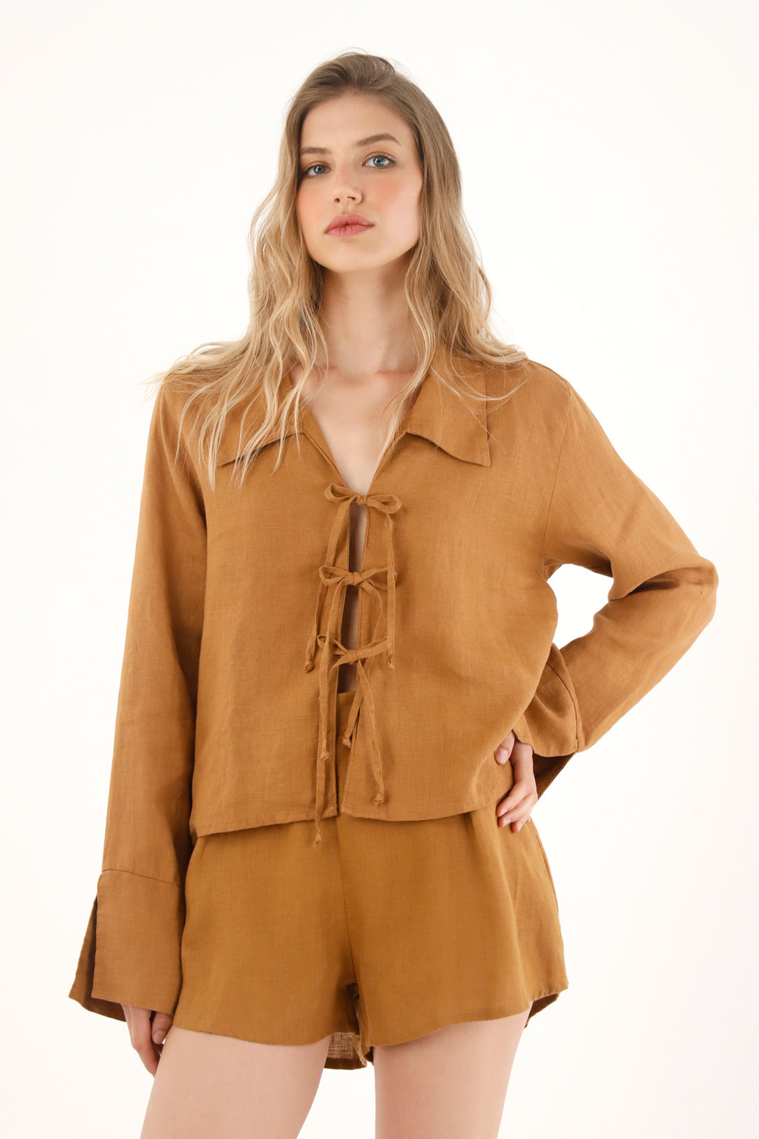 Women's 100% Linen Brown Tie-Front Shirt
